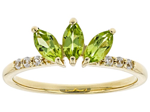0.66ctw Marquise Manchurian Peridot(TM) With 0.10ctw Round White Zircon 10k Yellow Gold 3-Stone Ring - Size 9