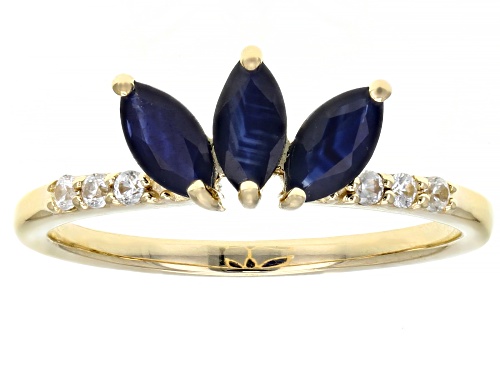Photo of .76ctw Marquise Blue Sapphire With .10ctw Round White Zircon 10k Yellow Gold 3-Stone Ring - Size 8