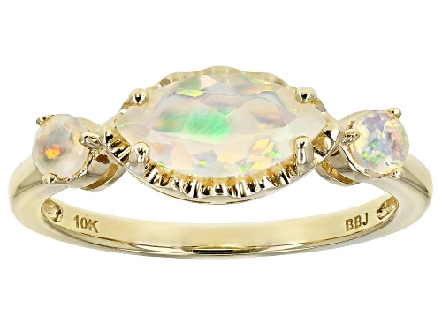 Photo of .54ct 10x5mm Marquise and .14ctw 3mm Round Ethiopian Opal 10k Yellow Gold 3-Stone Ring - Size 10