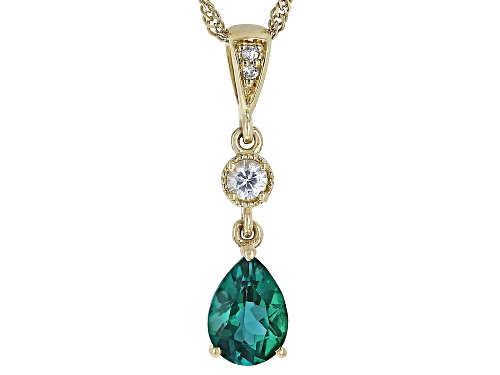 Photo of 0.55ct Lab Created Emerald With 0.09ctw White Zircon 10k Yellow Gold Pendant with Chain