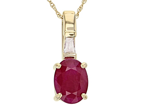 1.55ct Oval Ruby With .06ct Baguette Single White Diamond Accent 14k Yellow Gold Pendant with Chain