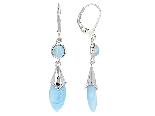5mm Round And 15x6mm Fancy Cut Cabochon Blue Larimar Sterling Silver 2-Stone Dangle Earrings