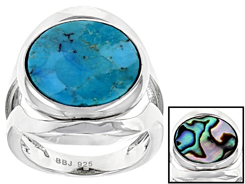 Photo of 15mm Round Turquoise And 15mm Round  Abalone Shell Rhodium Over Sterling Silver Reversible Ring - Size 7