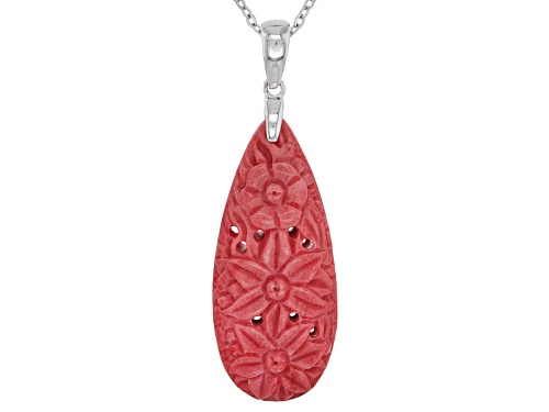 35x15mm Pear Shape Three Fancy Carved Red Coral Flowers Sterling Silver Pendant With Chain