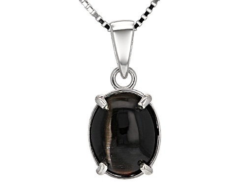 11x9mm Oval Cabochon Black Cat's Eye Sillimanite Sterling Silver Pendant With Chain