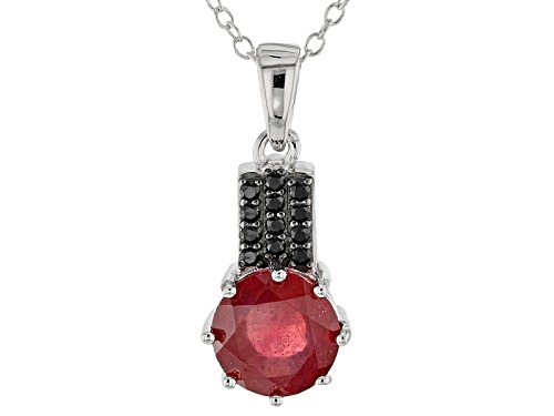 2.25ct Round Mahaleo® Ruby And .09ctw Round Black Spinel Sterling Silver Pendant With Chain
