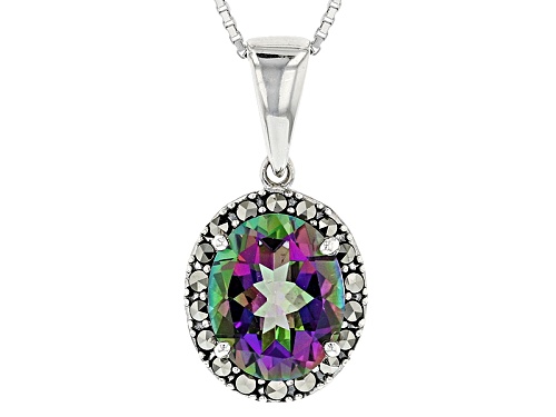 Photo of 3.85ct Oval Green Mystic Topaz® With 1.50mm Round Marcasite Sterling Silver Pendant With Chain