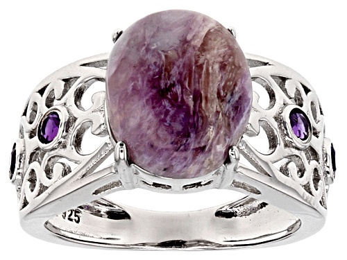 Photo of 12x10mm Oval Russian Charoite With .20ctw Round African Amethyst Rhodium Over Sterling Silver Ring - Size 8