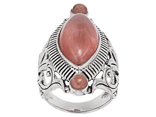 20x10mm Marquise And 4mm Round Cabochon Rhodochrosite Sterling Silver Ring - Size 7