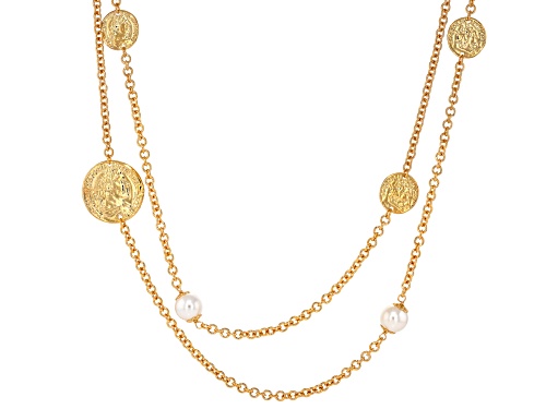 Moda Al Massimo® 18k Yellow Gold Over Bronze Faux Coin and 10mm Simulated Pearl Station 30" Necklace - Size 30