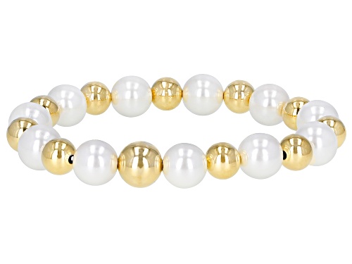 Photo of Moda Al Massimo™ 18K Yellow Gold Over Bronze Pearl Simulant Station Gold Bead Stretch 8" Bracelet - Size 8