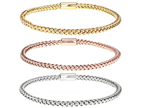 Moda Al Massimo® 18K Yellow Gold, 18K Rose Gold, and Platinum Over Bronze Set of 3 Braided Bangle - Size 8