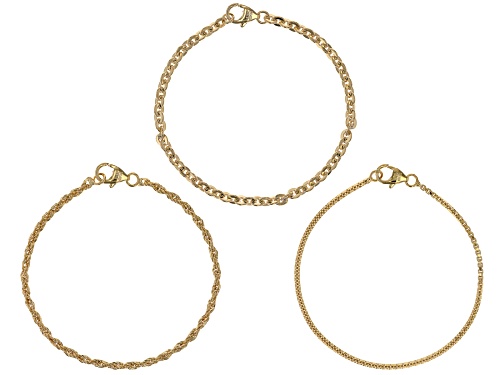 Moda Al Massimo® 18k Yellow Gold Over Bronze Box, Rope, & Cable Link Bracelet Set of 3 - Size 8