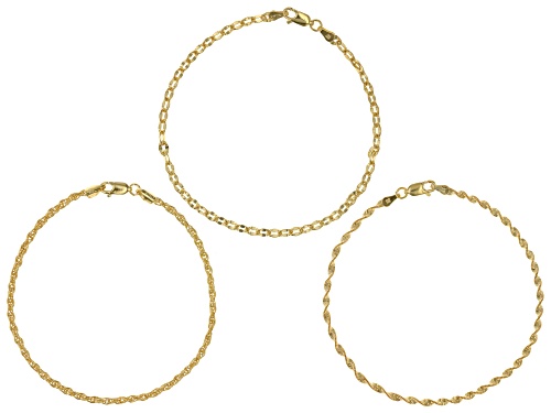 Moda Al Massimo® 18k Yellow Gold Over Bronze Herringbone, Rope, & Mirror Link Bracelet Set of 3 - Size 8
