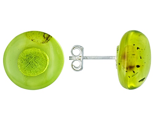 Green Amber Oval Cabochon Sterling Silver Stud Earrings
