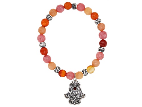 Photo of Artisan Collection Of Morocco™ Pink, Peach, And Red Onyx Bead Silver Hamsa Hand Stretch Bracelet