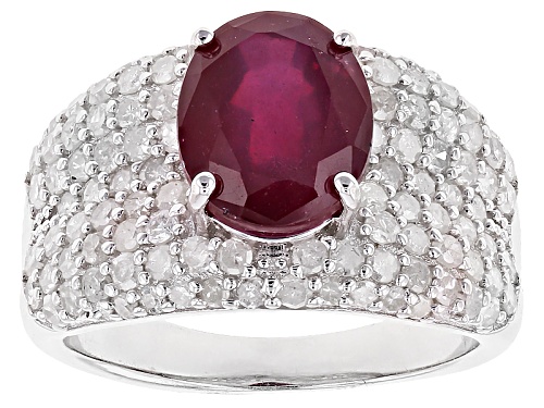 2.98ct Oval Mahaleo® Ruby With 1.14ctw Round White Diamond Rhodium Over Sterling Silver Ring - Size 8