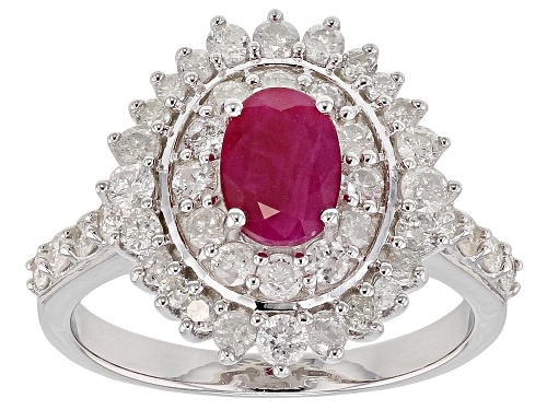 .80CT OVAL BURMESE RUBY WITH .95CTW ROUND WHITE DIAMOND RHODIUM OVER STERLING SILVER RING - Size 7