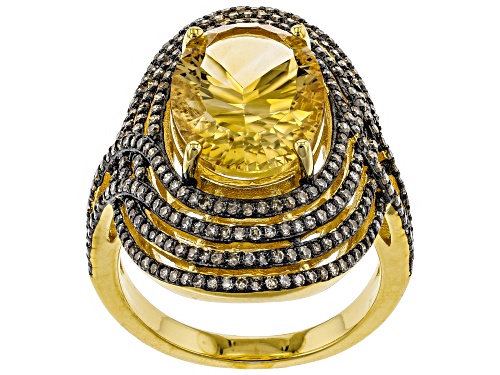 4.08CT OVAL BRAZILIAN CITRINE & .79CTW CHAMPAGNE DIAMOND 18K YELLOW GOLD OVER SILVER RING - Size 8