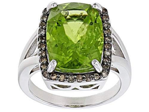 5.25ct Cushion Manchurian Peridot(TM) and .23ctw Round Champagne Diamond Rhodium Over Silver Ring - Size 5