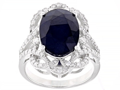 5.95ct Oval Blue Sapphire with .62ctw Round White Diamond Rhodium Over Sterling Silver Ring - Size 8