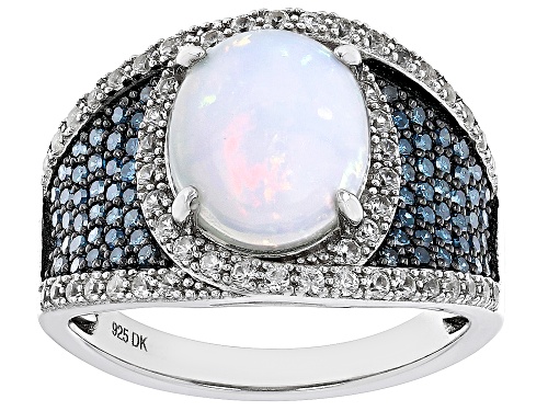 2.00ct Ethiopian Opal with 0.42ctw Blue Diamond and White Zircon Rhodium Over Sterling Silver Ring - Size 5
