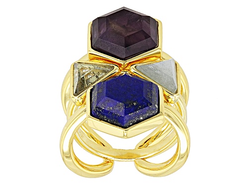 Moda Di Pietra™ Lapis, 7.50ctw Blue Topaz,Aquamarine & Amethyst 18k Gold Over Bronze Ring & Guard - Size 7