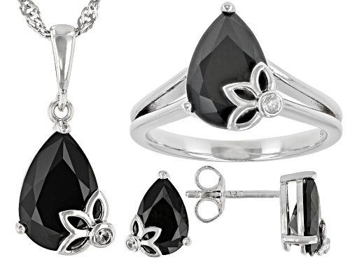 Photo of 9.91ctw Black Spinel And White Zircon Rhodium Over Silver Ring, Earring, Pendant With Chain Set