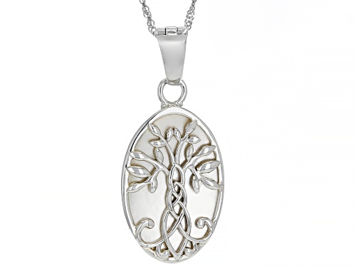 Photo of 26x17mm Oval Mother-of-Pearl Rhodium Over Sterling Silver Tree Of Life Enhancer With Chain