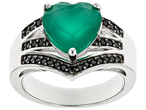 Photo of 2.98ct Heart Shape Green Onyx With 0.23ctw Black Spinel Rhodium Over Sterling Silver Ring - Size 7