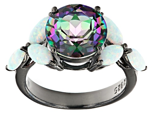 Photo of 3.29ct Round Multi Color Quartz With 6x3mm Marquise Lab Created Opal Black Rhodium Over Silver Ring - Size 9