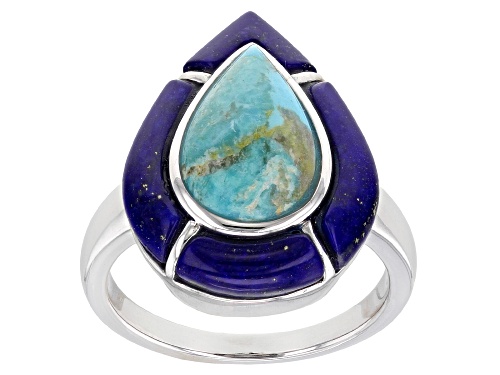 Photo of 12x8mm Pear Shape Turquoise and Lapis Rhodium Over Sterling Silver Ring - Size 8
