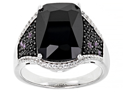 Photo of 7.46ctw Black Spinel, 0.05ctw Amethyst and 0.32ctw White Zircon Rhodium Over Sterling Silver Ring - Size 7
