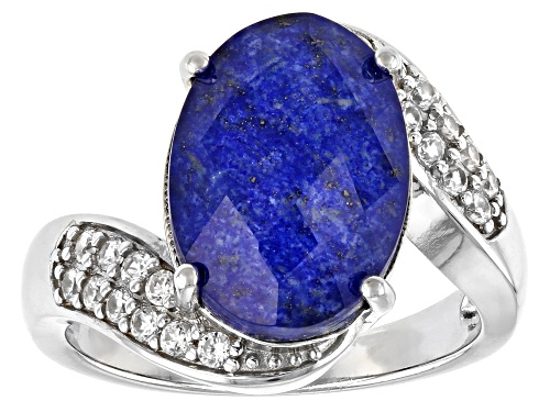 Photo of 14x10mm Oval Lapis Quartz Doublet With 0.39ctw White Zircon Rhodium Over Sterling Silver Ring - Size 8