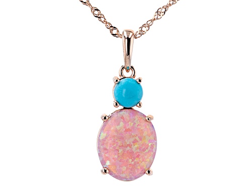 Photo of 12x10mm Lab Created Pink Opal With 5mm Turquoise 18k Rose Gold Over Silver Pendant With Chain