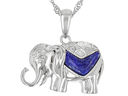 10x5mm Custom Cabochon Lapis Lazuli Rhodium Over Silver Elephant Pendant With Chain