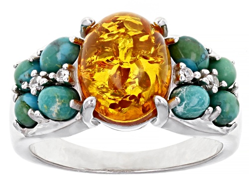 10x8mm Oval Amber With Turquoise, and 0.05ctw Round White Zircon Rhodium Over Silver Ring - Size 8