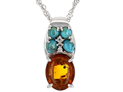 10X8mm Oval Amber, Turquoise, and 0.05ctw White Zircon Rhodium Over Silver Pendant With Chain