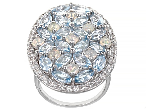 7.27ctw Glacier Topaz, With Ethiopian Opal, And  White Topaz Rhodium Over Sterling Silver Ring - Size 7