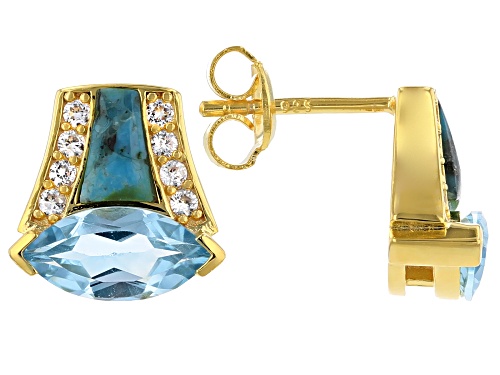 1.87ctw Glacier Topaz(TM) With Turquoise & 0.17ctw White Zircon 18k Yellow Gold Over Silver Earrings