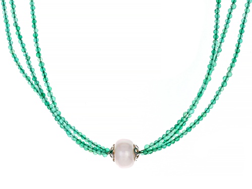 Photo of 2-2.5mm Green Onyx With 12mm Cultured Freshwater Pearl Rhodium Over Sterling Silver Necklace - Size 18