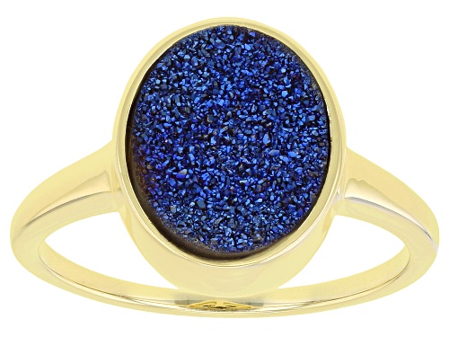 Photo of 11x9mm Blue Drusy Quartz 18K Yellow Gold Over Sterling Silver Solitaire Ring - Size 7