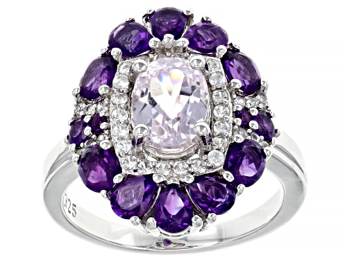Photo of 3.69ctw Kunzite, African Amethyst & White Zircon Rhodium Over Sterling Silver Ring - Size 7