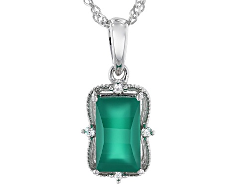 Photo of 10.5x6mm Barrel Green Onyx with 0.08ctw White Zircon Rhodium Over Sterling Silver Pendant with Chain