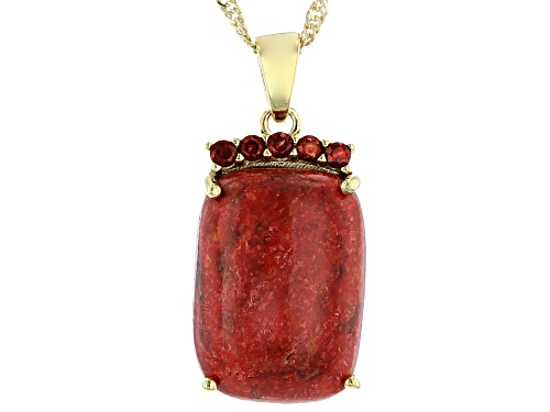 Photo of 18x13mm Sponge Coral With 0.17ctw Garnet 18k Yellow Gold Over Sterling Silver Pendant With Chain