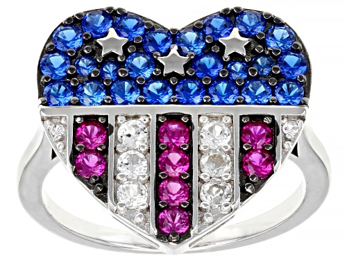 1.41ctw Lab Blue Spinel With Lab Ruby & Lab White Sapphire Rhodium Over Silver Heart Ring - Size 8