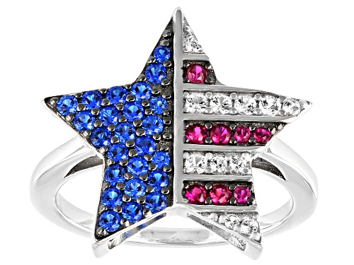 Photo of .37ctw Lab Blue Spinel, .12ctw Lab Ruby & .13ctw Lab White Sapphire Rhodium Over Silver Star Ring - Size 7