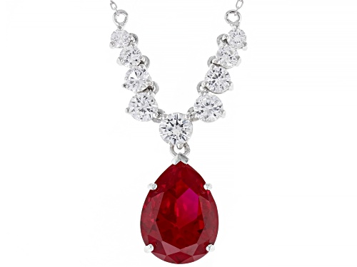 Photo of 8.39ct Pear Shaped Lab Ruby With 2.40ctw Lab White Sapphire Rhodium Over Silver Necklace - Size 18