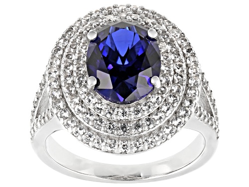 Photo of 3.00ct Lab Created Blue Sapphire With 1.02ctw Lab Created White Sapphire Rhodium Over Silver Ring - Size 7