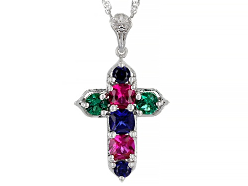 Photo of 2.57ctw Lab Ruby, Lab Sapphire & Lab Emerald Rhodium Over Sterling Silver Cross Pendant/Chain